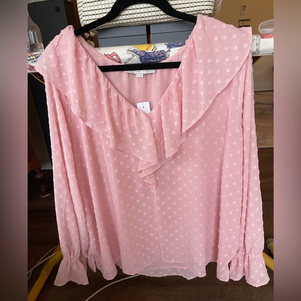 LOFT NWT Pink Ruffle Swiss Dot Long Sleeve Blouse XL